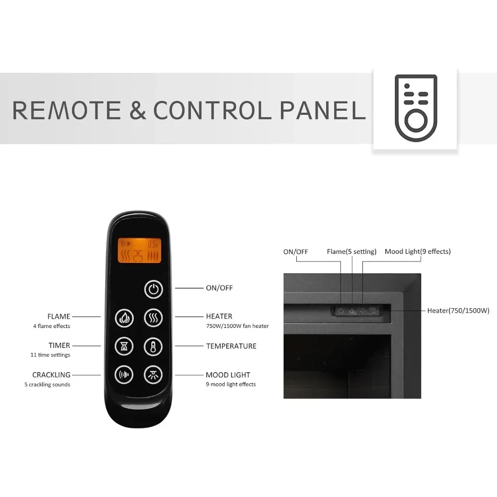 Inserção de lareira elétrica, aquecedor de lareira 750/1500W, som de crepitação de fogo, velocidade de chama ajustável, controle remoto