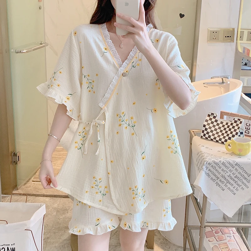 

100% Cotton Double Gauze Nursing Pajamas for Maternity Summer Floral Printed Sleepwear Sets for Pregnant Women Home Hospital