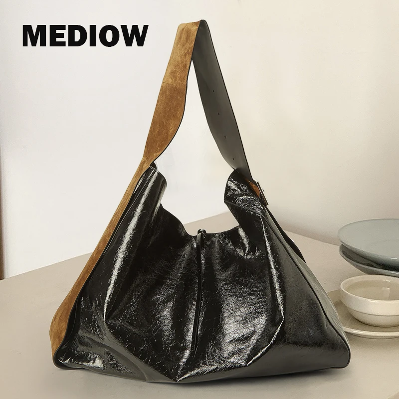 

MEDIOW Vintage Large Capacity Hobos Bags For Women Luxury Designer Handbags Purses 2023 New In PU Oil Wax Wide Straps Messenger