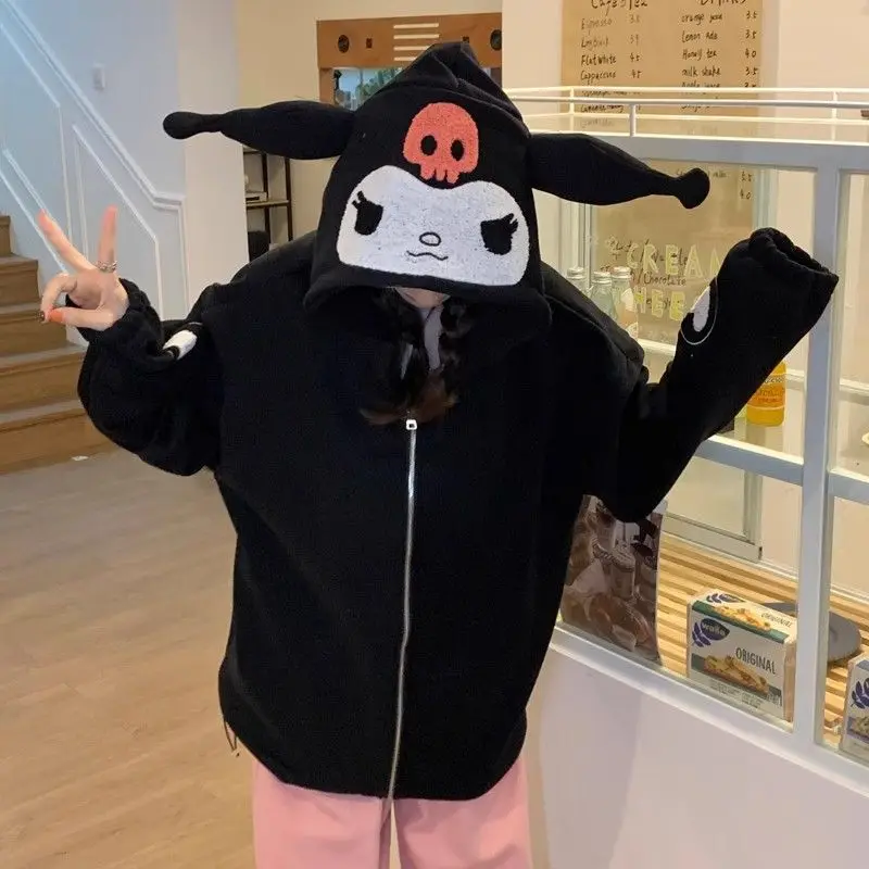 Sanrios Kuromi زمم هوديي النساء Y2K Kawaii المخملية سترة الرجال النساء الخريف الشتاء جديد فضفاض زوجين سترة سستة القمم العصرية