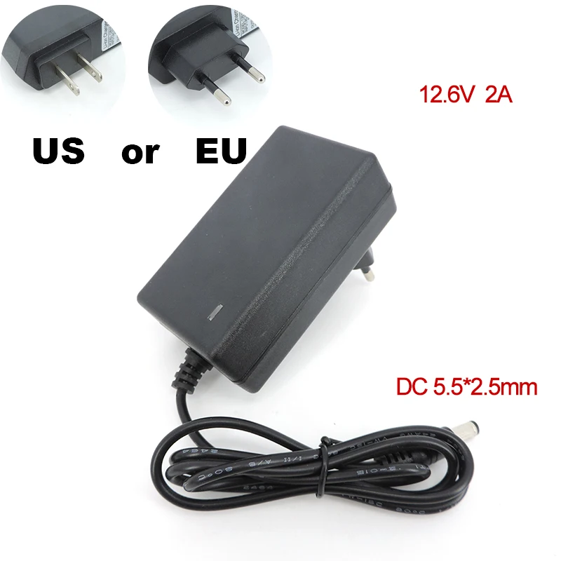 AC 100V-240V DC 12.6 V 1A 2A caricabatterie 12 V Volt adattatore di alimentazione 5.5*2.5MM 12.6 V 2 A per 18650 batteria al litio EU US Plug