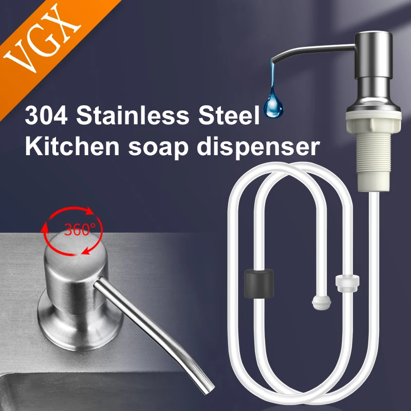 VGX Iiquid Soap Dispenser With Extension Tube Kit and Bottle 304 Stainless Steel Pump Head For Kitchen Sink Bathroom Accessories