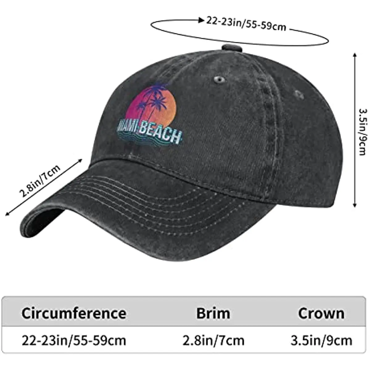 남성 및 여성용 야구 모자, 마이애미 비치 플로리다용 빈티지 워싱 모자, 조절 가능한 아빠 모자, 사계절 캐주얼
