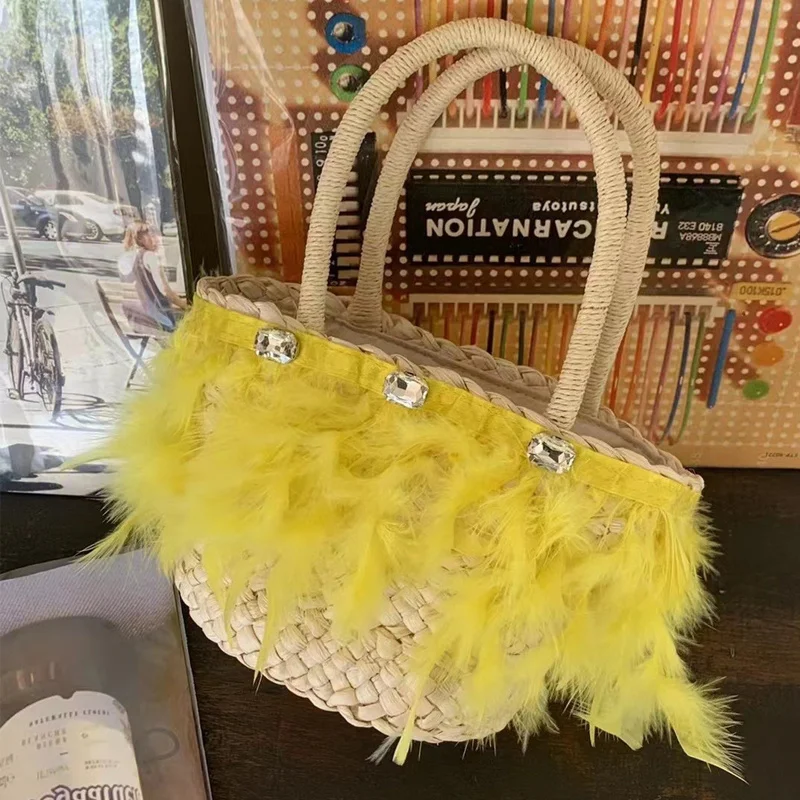 

TOBO Sweet INS Hot Sale Feathers Beach Handbags for Women Straw Woven Totes with Rhinestone Holiday Travel Cute Girls Purse