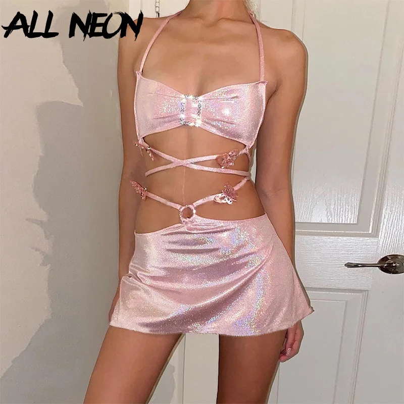 

ALLNeon 90S Rave Outfits Glitter Two Piece Set Lace Up Sequins Backless Halter Tops Hipster Mini Skirt Y2K Clubwear Chic Suits