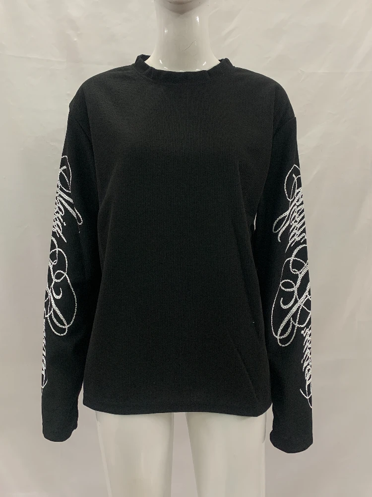 Waffle Long Sleeved Base Shirt Gothic Curly Rhinestone Letter Decoration Round Neck Slim Casual Pullover for Both Men and Women image 3