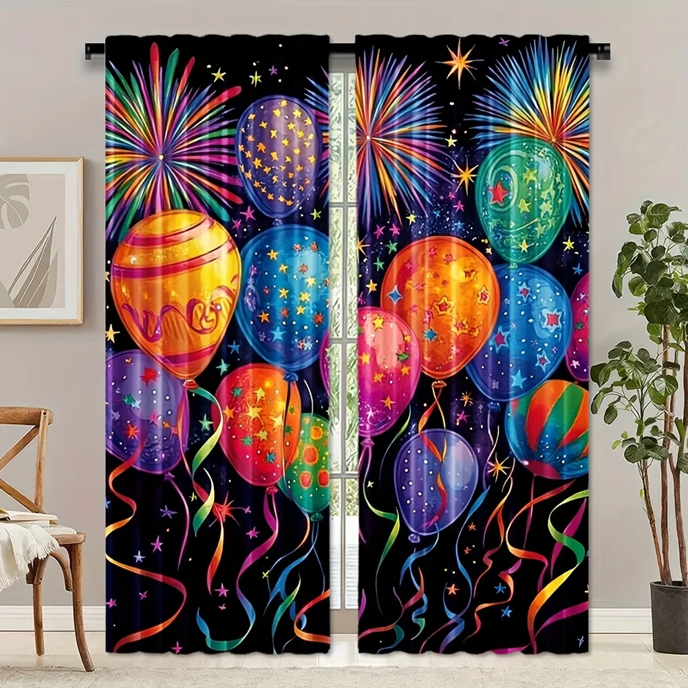 Colorful Balloons Curtain Neon Birthday Party Pattern Drape Festive Celebration Window Treatment for Kids Room Living Room Decor