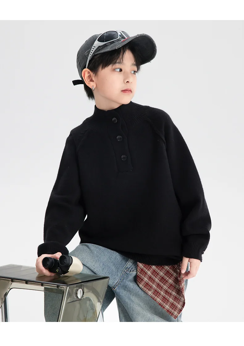 ملابس شتوية للأولاد سترة عصرية ورائعة بنصف رقبة عالية 2025 ملابس أطفال جديدة سترة محبوكة عصرية سميكة #6