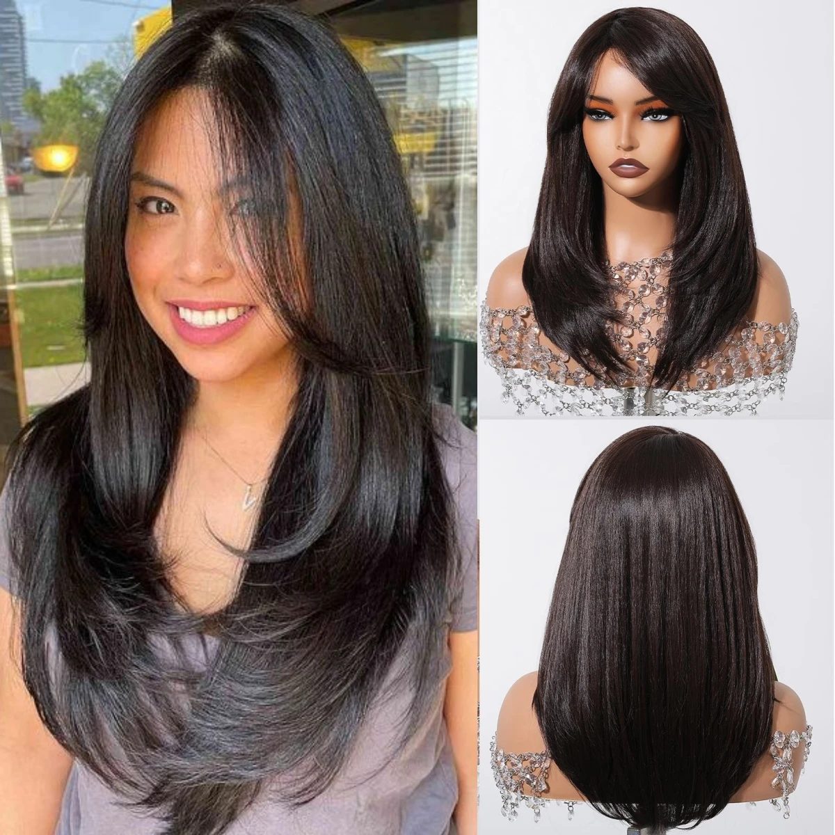 Straight Brown Synthetic Wig Medium Long Natural Layered Wigs for Women Daily Cosplay Party Use Heat Resistant Fibre Fake Hair