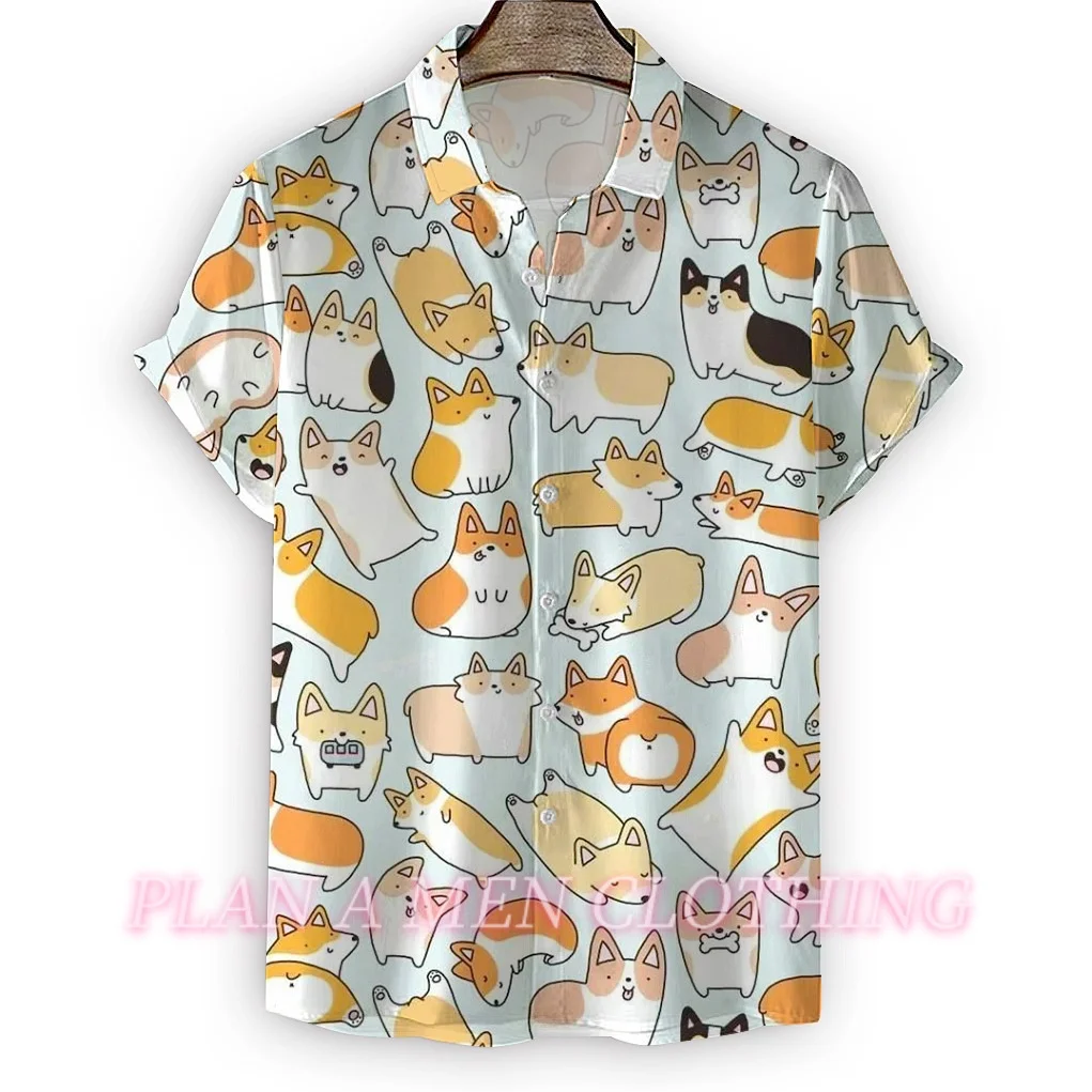 

Hawaiian Men Shirt Corgi Pet Dog Print Loose Oversized Shirts Mens Blouses High-Quality Mens Clothing Beach Party Sweatshirts