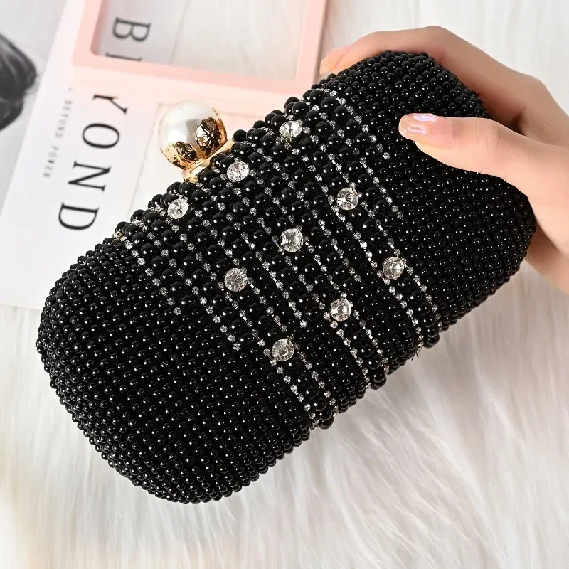 Luxury Banquet Black Handbags Women Elegant Diamond Pearl Beaded Formal Party Evening Bags with Shoulder Chain Fashion Clutch