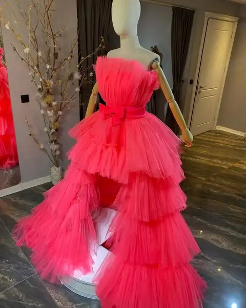 Real Image Fuchsia Tulle High Low Long Women Dresses With Detachable Train Strapless 2 Pieces Formal Dress