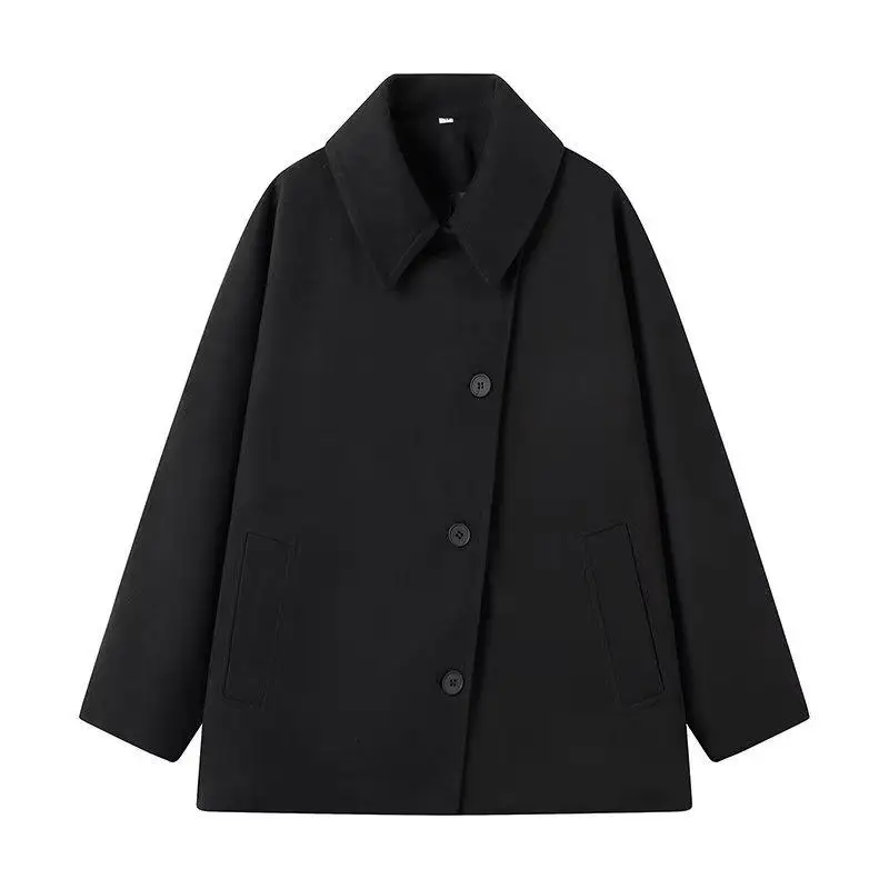 Fashion Single Breasted Lapel Woolen Coat Women Oversized Pockets Short Jackets Autumn Clothing Streetwear Outerwear 2024 image 5