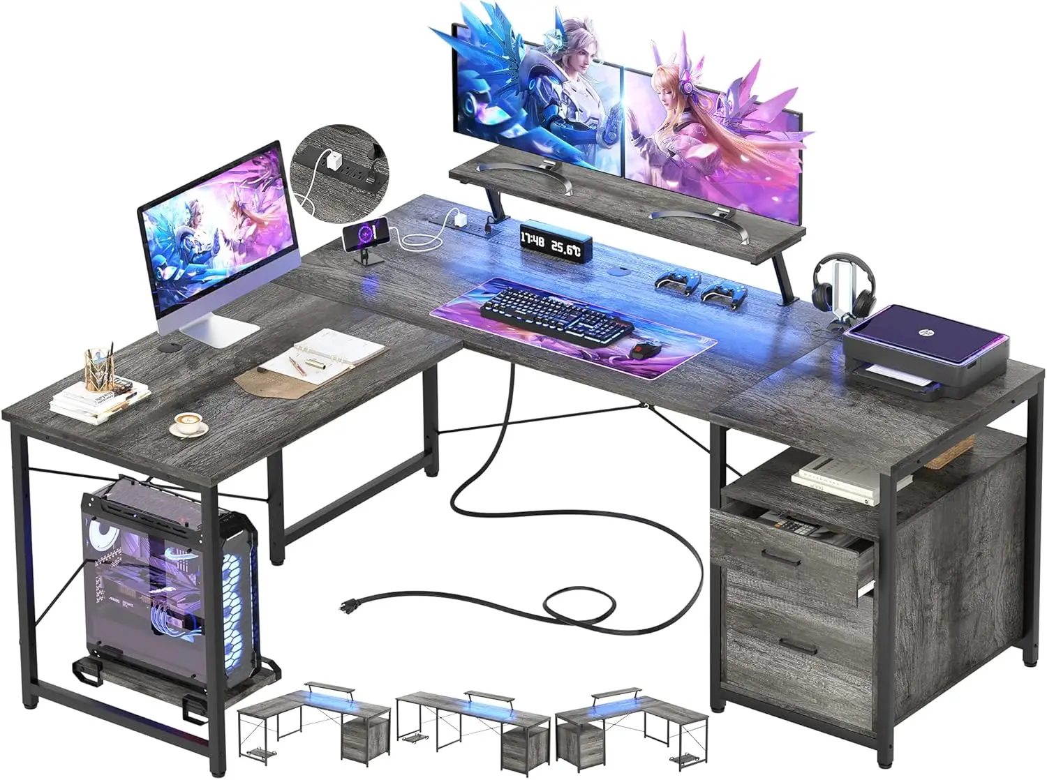 

Unikito L-Shaped Desk with Power Outlet and LED Strip, Reversible File Drawer and Monitor Stand, Gaming Table Writing Desk for