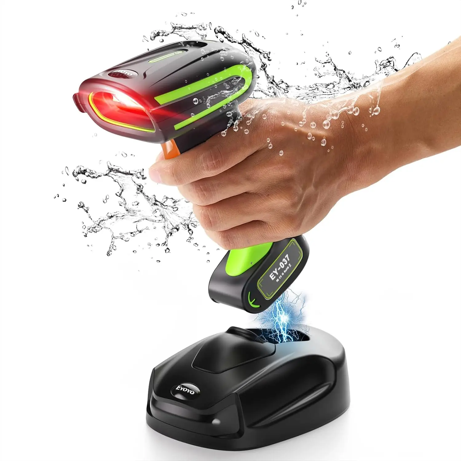 Eyoyo アップグレードされた 2D 産業用 Bluetooth バーコード スキャナー ワイヤレス充電スタンド付き IP65 ハンズフリー ワイヤレス QR バーコード リーダー - 7