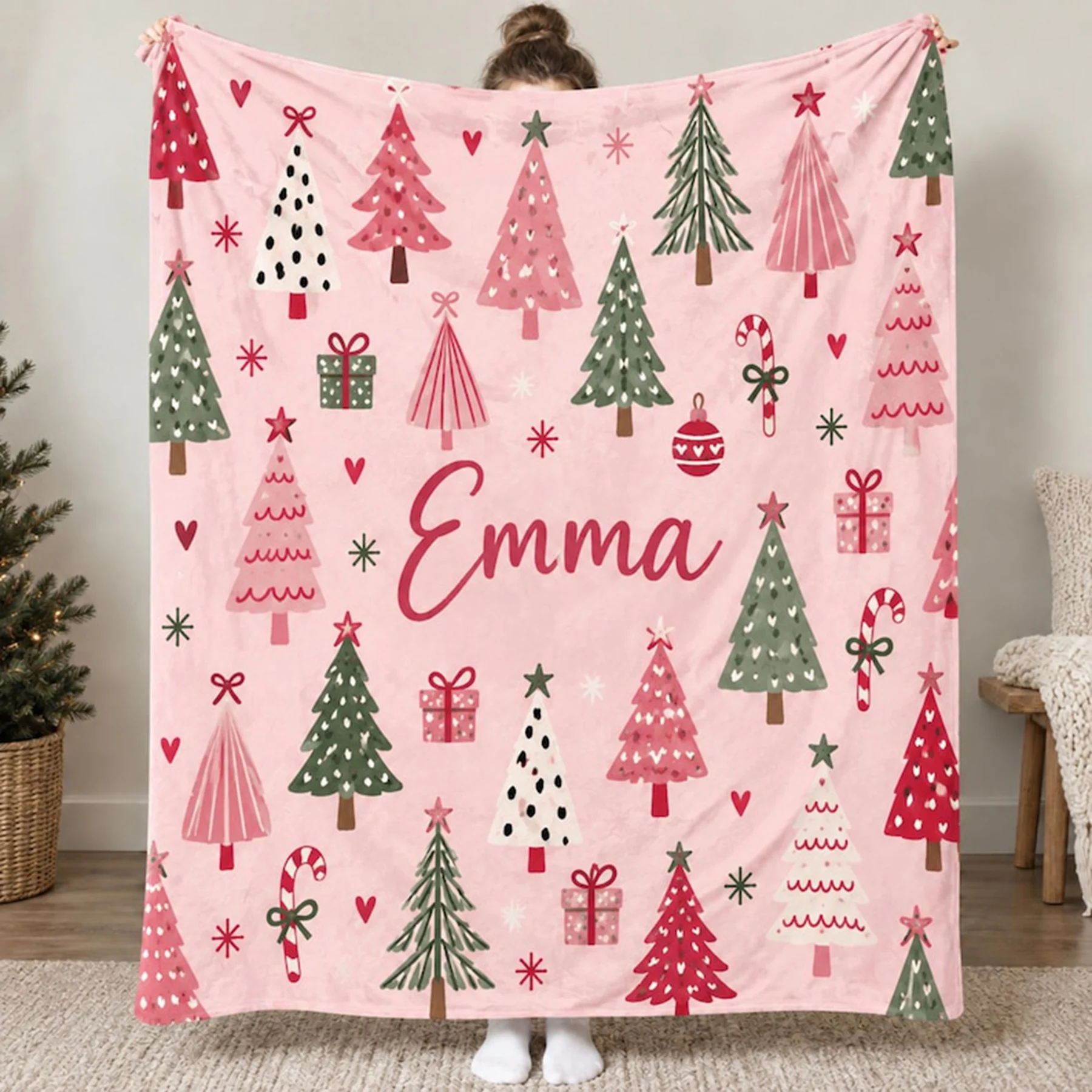 Customized Name Winter Forest Christmas Tree Flannel Throw Blanket, Custom Family Name Holiday Blanket, Winter Season Gift