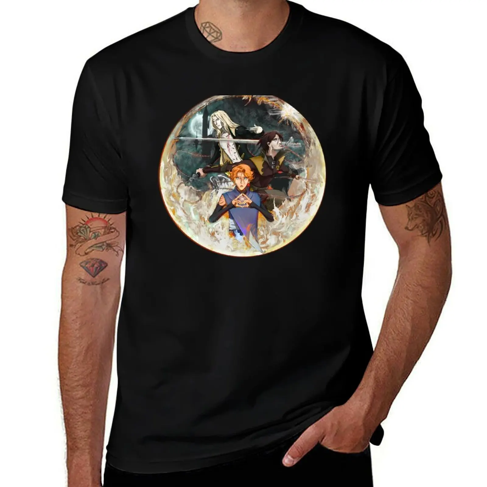 Castlevania fan art with Alucard, Sypha and Trevor T-Shirt blue archive vintage clothes heavyweights men clothing