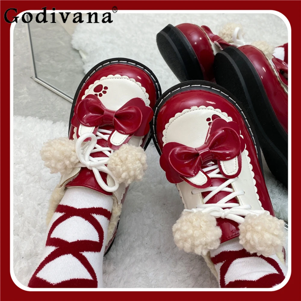 

Lolita Thick-soled Velvet Women's Cotton Shoes Kawaii Sweet Cute Comfortable Chunky Platform Pumps Bowknot Leather