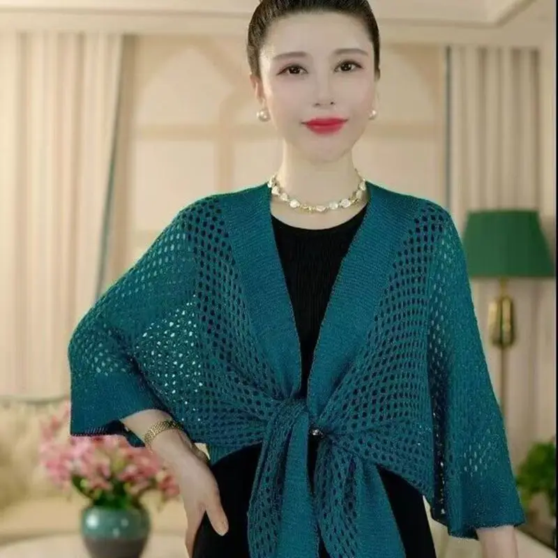 2025 nuevo cárdigan de punto calado de verano, abrigo para mujer, suéter suelto elegante, ropa de protección solar