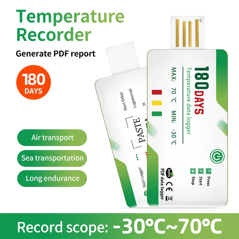 180 Days Temperature Recorder Temperature Data Logger Single Use PDF Report USB Port 60000 Points Temperature Analysator