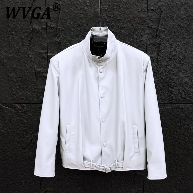 

WVGA Short Jackets Spring Autumn New Man Tide Stand Collar Padded Shoulder Belt Design Niche Chic Casual Leather Coat Ins W11612