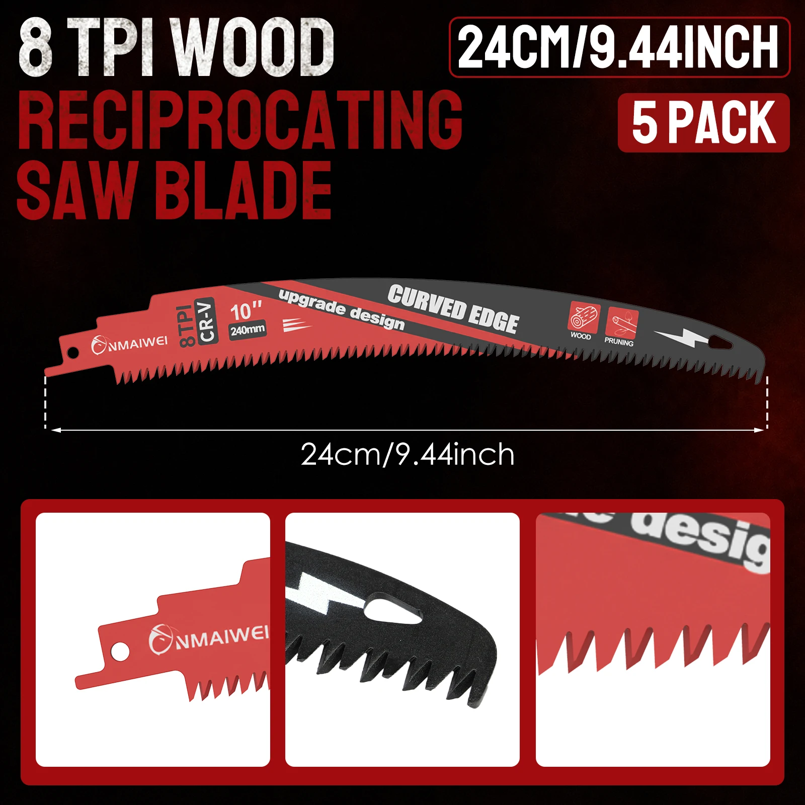 10 Inch 240mm Curved Edge Reciprocating Saw Blade CR-V 8TPI Fast Wood Cutting Saber Saw Blades For Garden Pruning Tree Branches