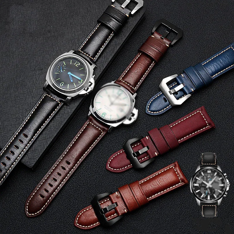 Luxury Italian Full Grain Vintage Genuine Leather Watch Strap For Panerai Citizen Seiko Casio Watch Band 22mm 24mm 26mm Bracelet