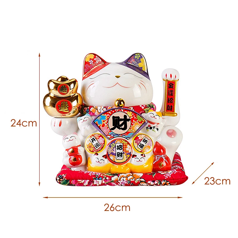 10.2 بوصة كبيرة محظوظ القط زخرفة Maneki Neko السيراميك بيكونينغ القط مع الذراع المنقولة الخزف تمثال تمثال للتزيين