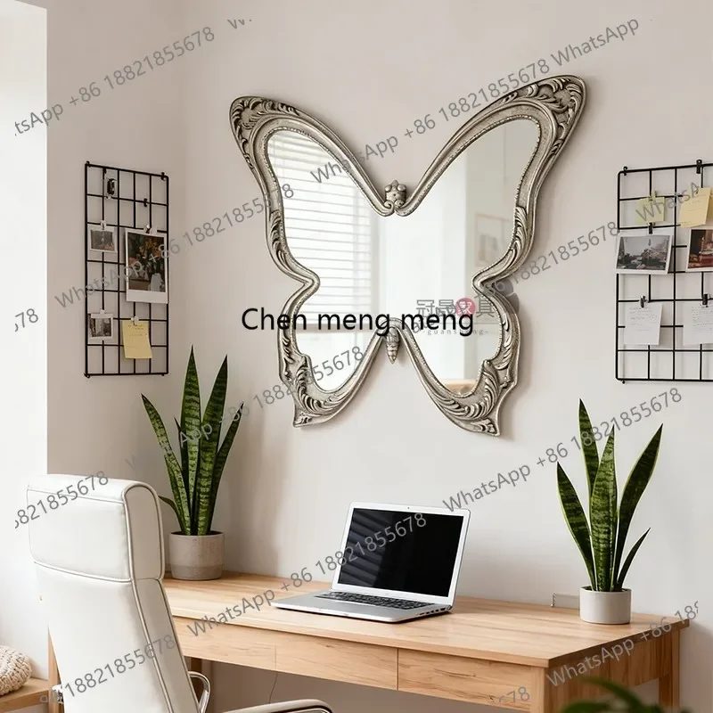 French retro bathroom mirror wall hanging living room porch butterfly shape decorative mirror European carving