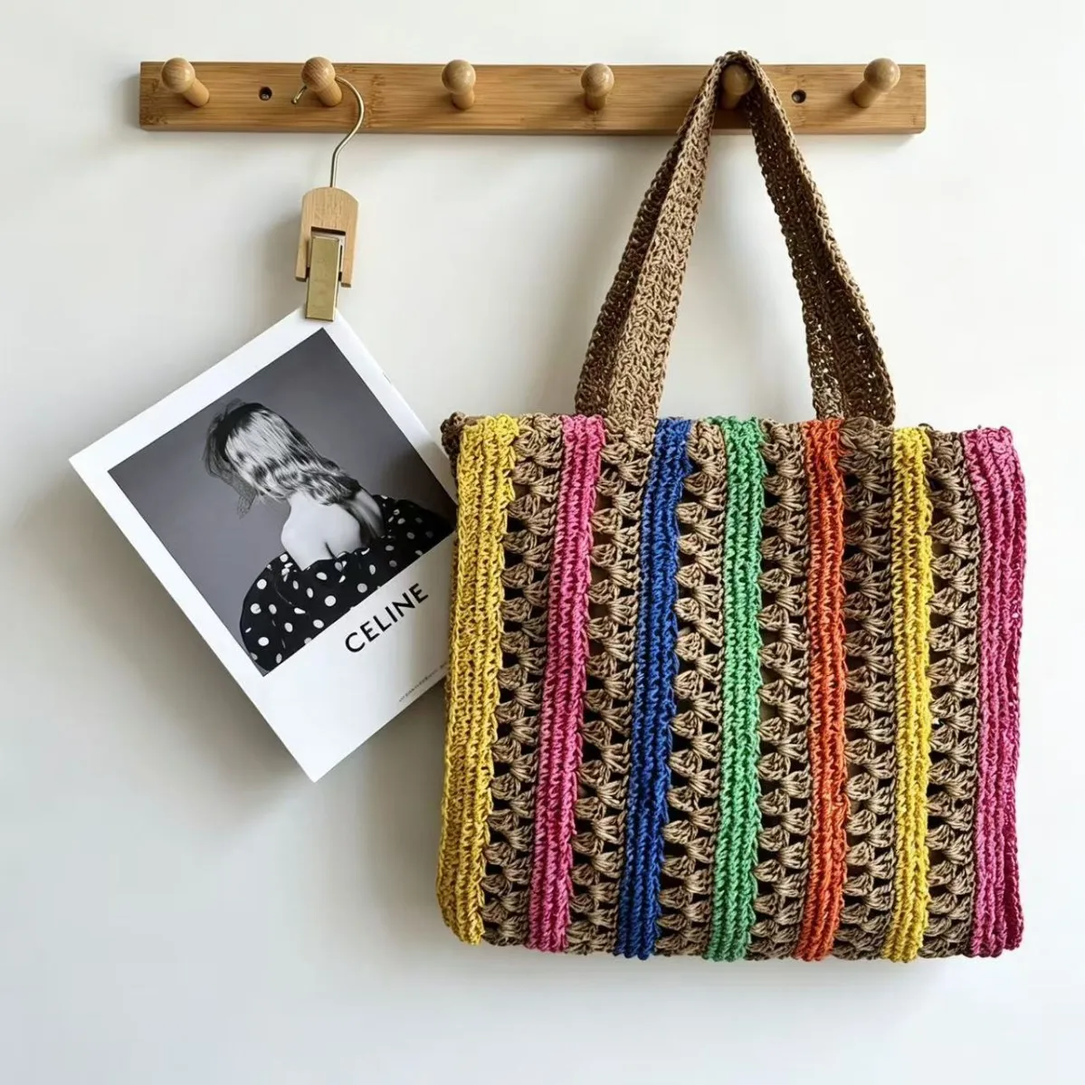 

Rainbow Striped Straw Bag Handmade Hollow Shoulder Bag Summer Paper Rope Beach Bags for Women Handbag Woven Shopper Tote Purses