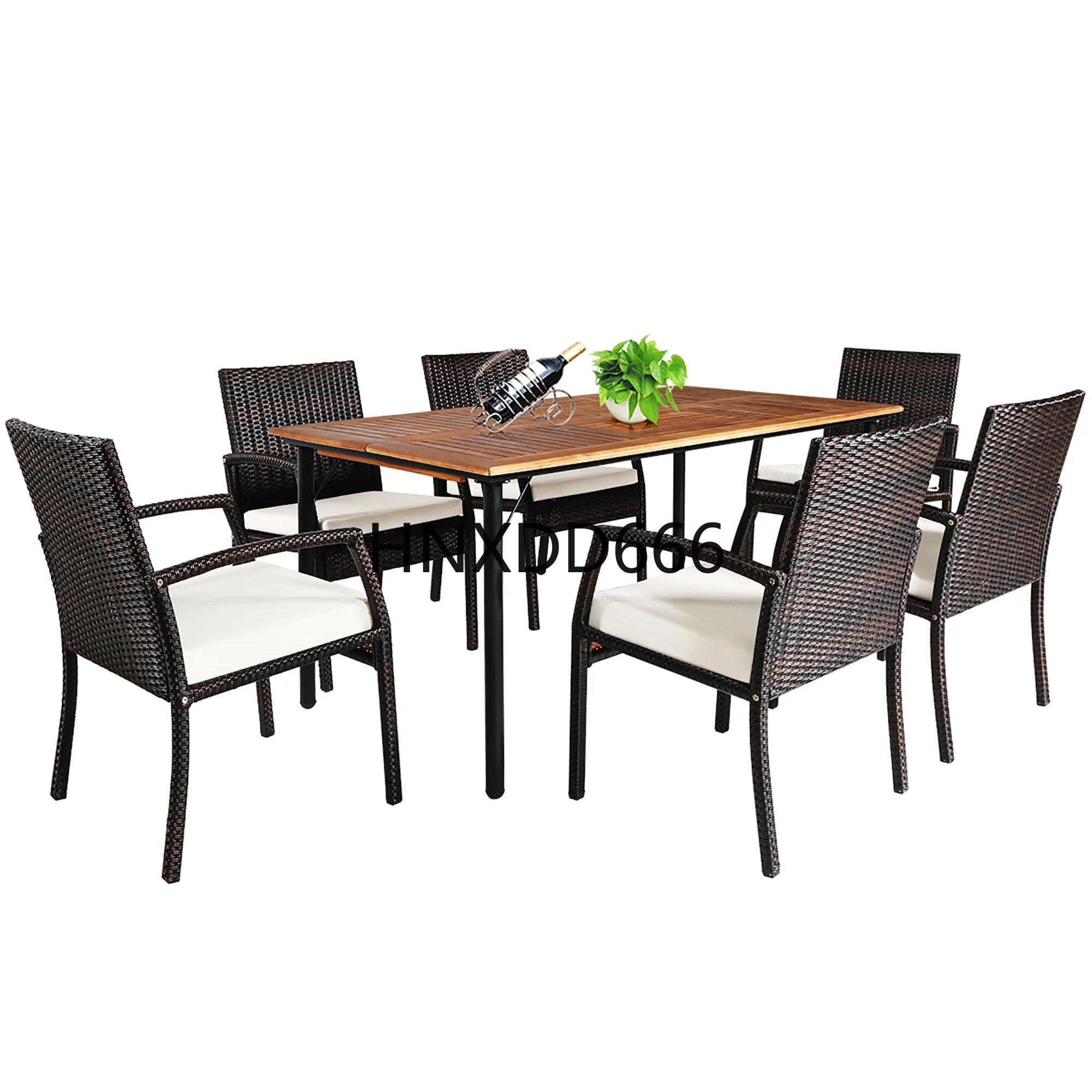 7PCS Patio Rattan Dining Set Chair Wooden Table Top