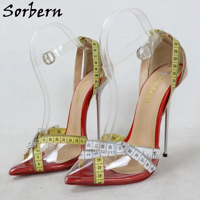 

Sorbern Mature Sissy Girl Women Pump Shoes Tape Wrap Pointed Toe Transparent Shoe Uppers High Heel Stilettos 14Cm Metal Heels