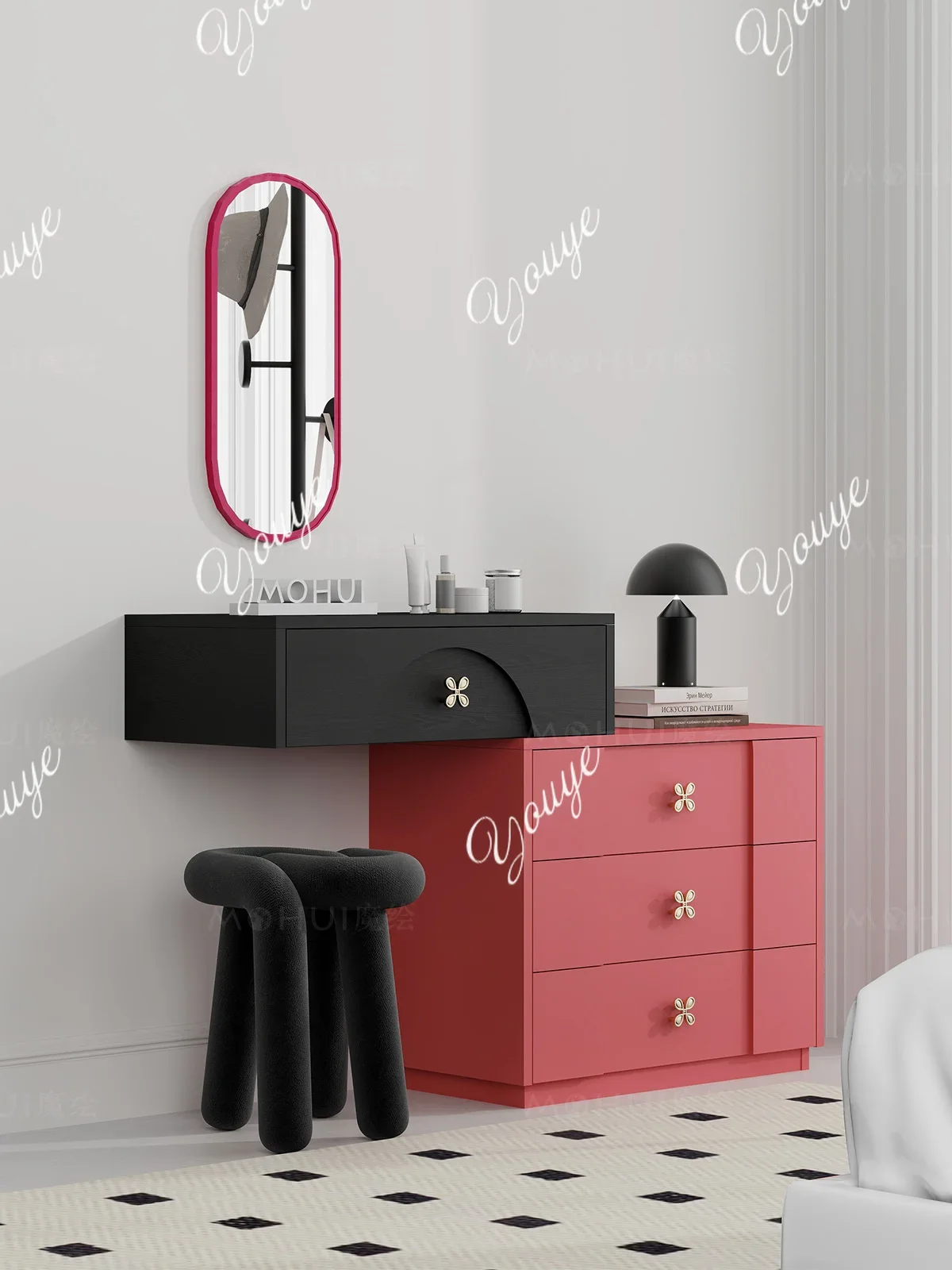 Gi Simple Small Dresser Memphis Style Bedroom Wall Hanging Dressing Table Small Apartment Bedside Table Pink