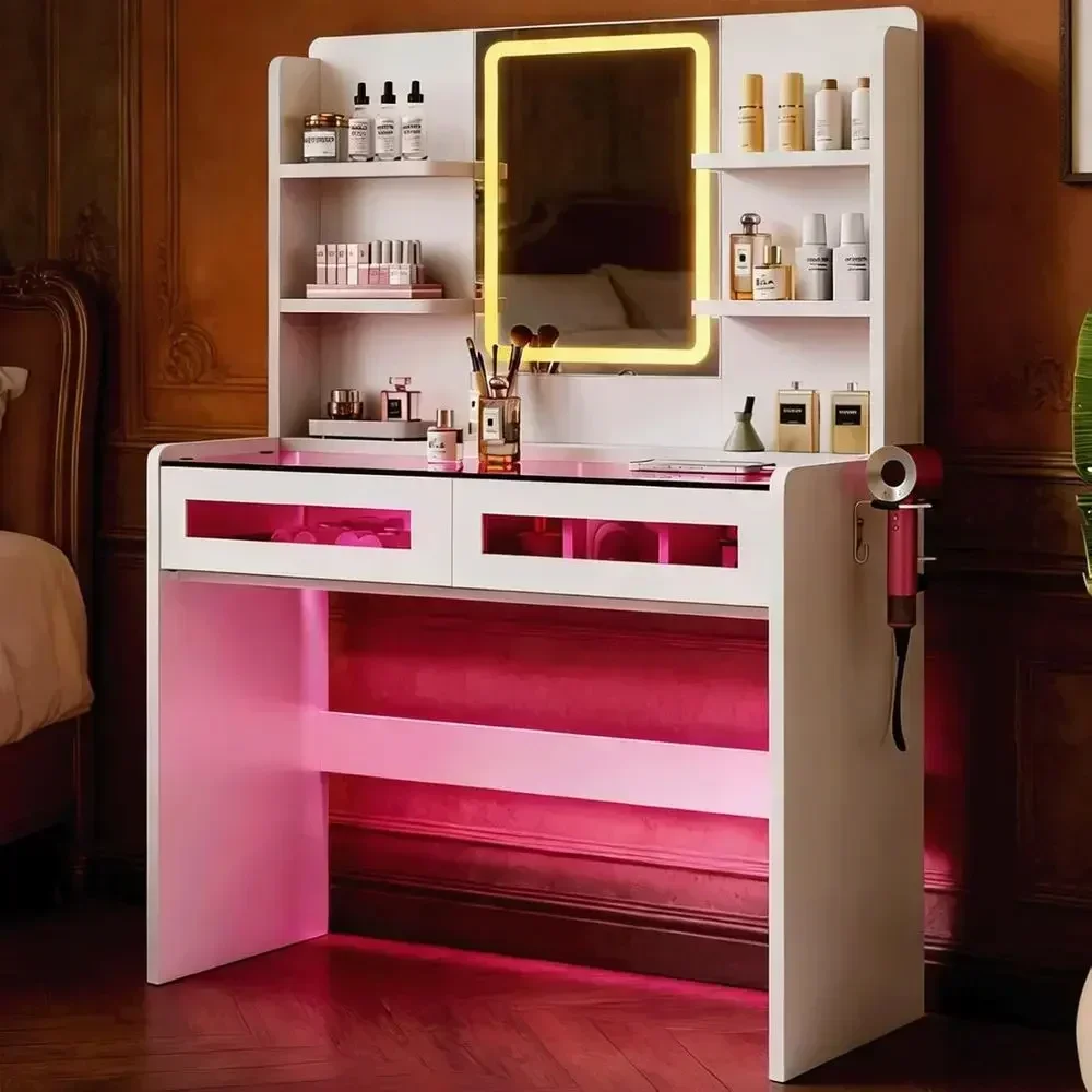 LED Mirror Vanity Desk with Charging Station, Transparent Top, RGB Lights, 4 Shelves, Adjustable Brightness - White