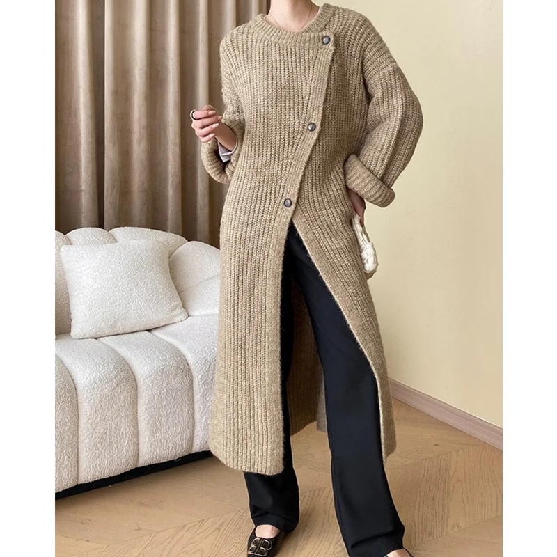 REALEFT Autumn Winter Women's Knitted Cardigan 2024 New Long Sleeve Front Split Buttons Korean Casual Loose Sweater Female