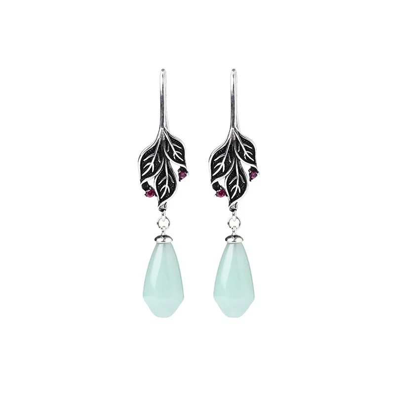 2024 Summer National Trend Electroplating Silver Color Craft Earrings for Women Imitation Jade Plant Retro Earrings Wedding Gift