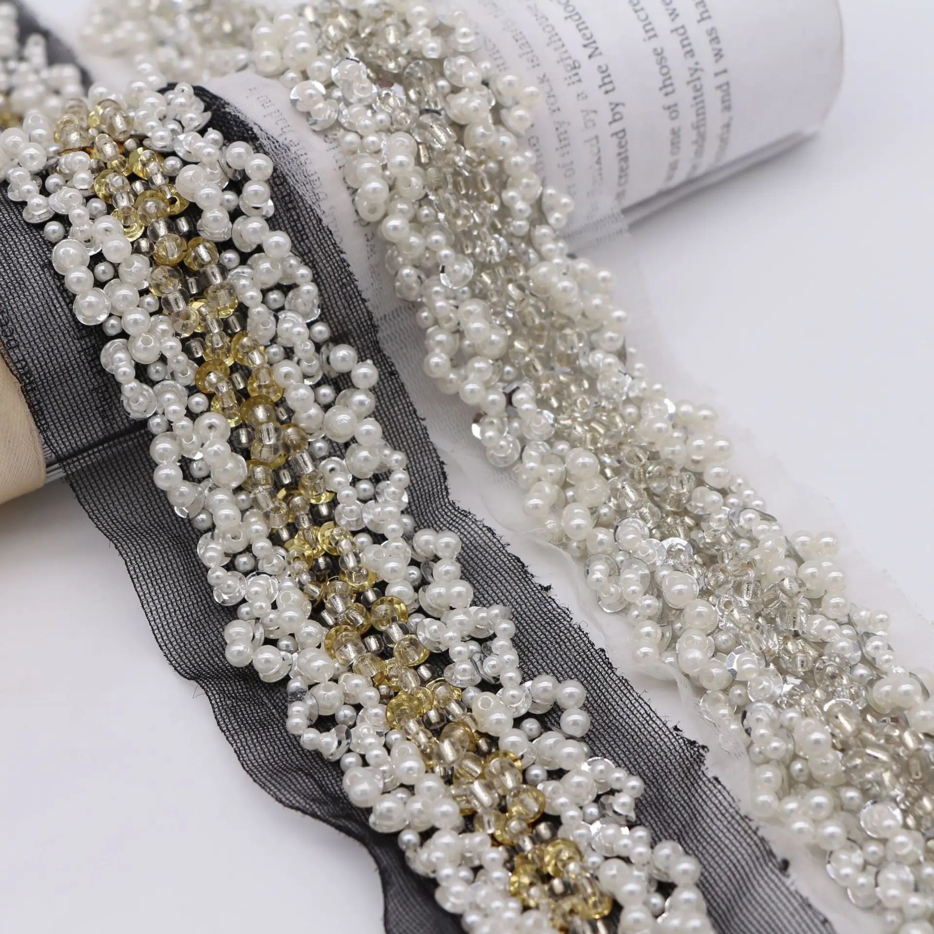 Gold and Silver Handmade Beaded Lace Trim Organza Pearl Embellished Edge DIY Clothing Hair Accessories Bridal Shoe