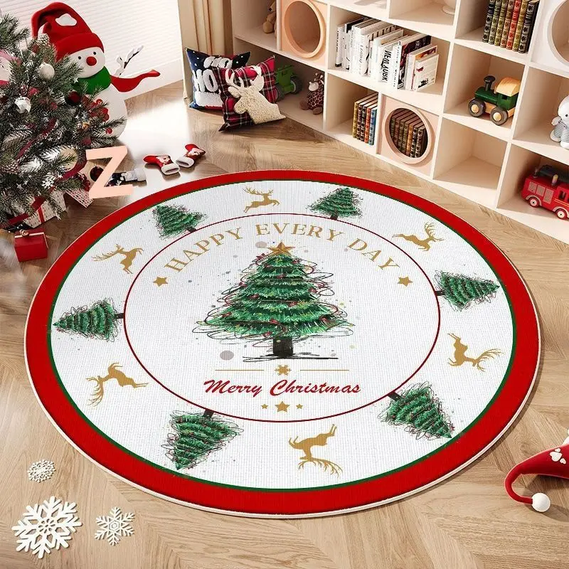VIKAMA Christmas Round Rug Merry Christmas Wreath Bow Red White Non Slip Area Rug Living Room Holiday Decor Washable Cozy Unique