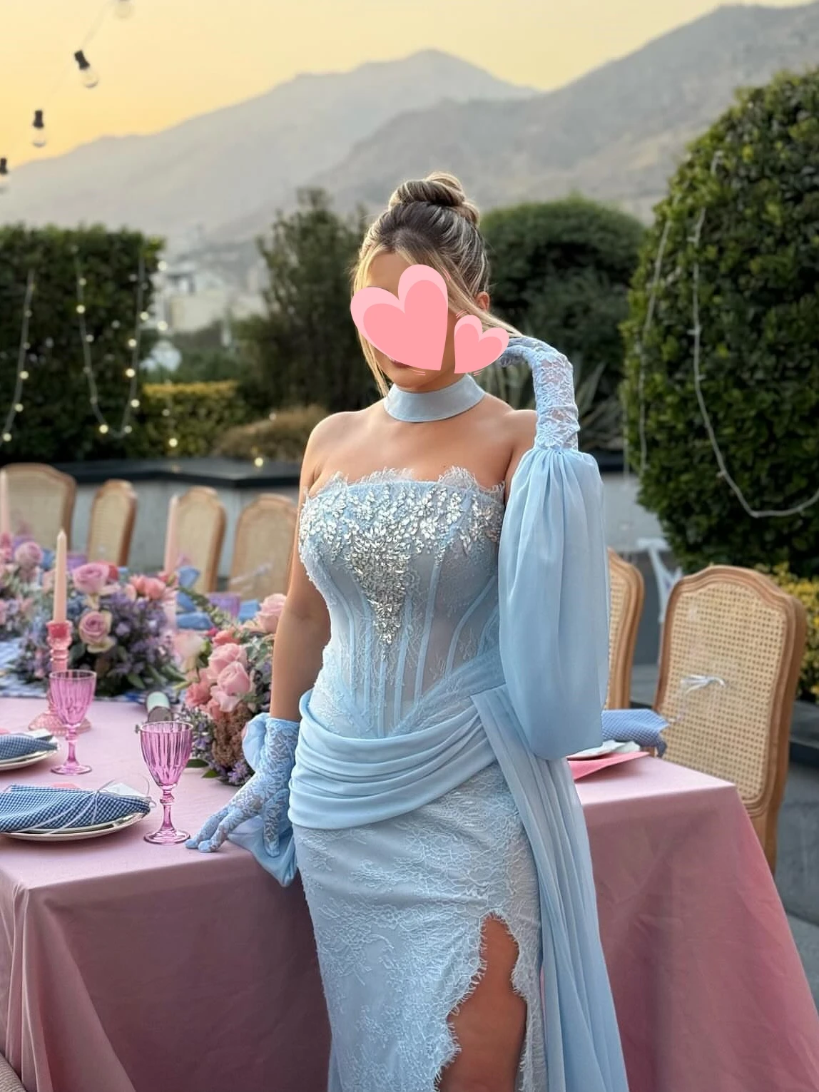 다른 스타일의 우아한 빈티지 스윗 블루 머메이드 레이스 비즈 시폰 슬릿 맞춤형 정장 행사 프롬 드레스 이브닝 파티 가운