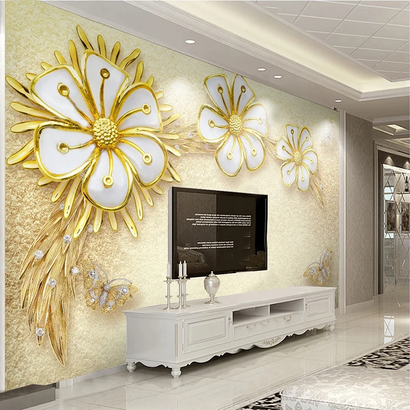 

Custom 3D Photo Wallpaper Modern Gold Luxury Flower Jewelry Living Room Bedroom Sofa TV Background Wall Home Decor Mural