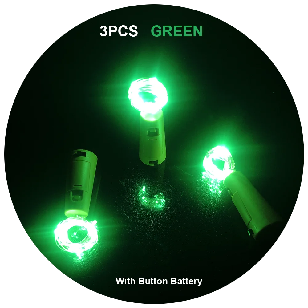 

3Pcs Green Wine Cork 20LEDS Birthday Party Bar Wedding Celebration Holiday Christmas AG13 Button Battery 2M with 3 Batteries