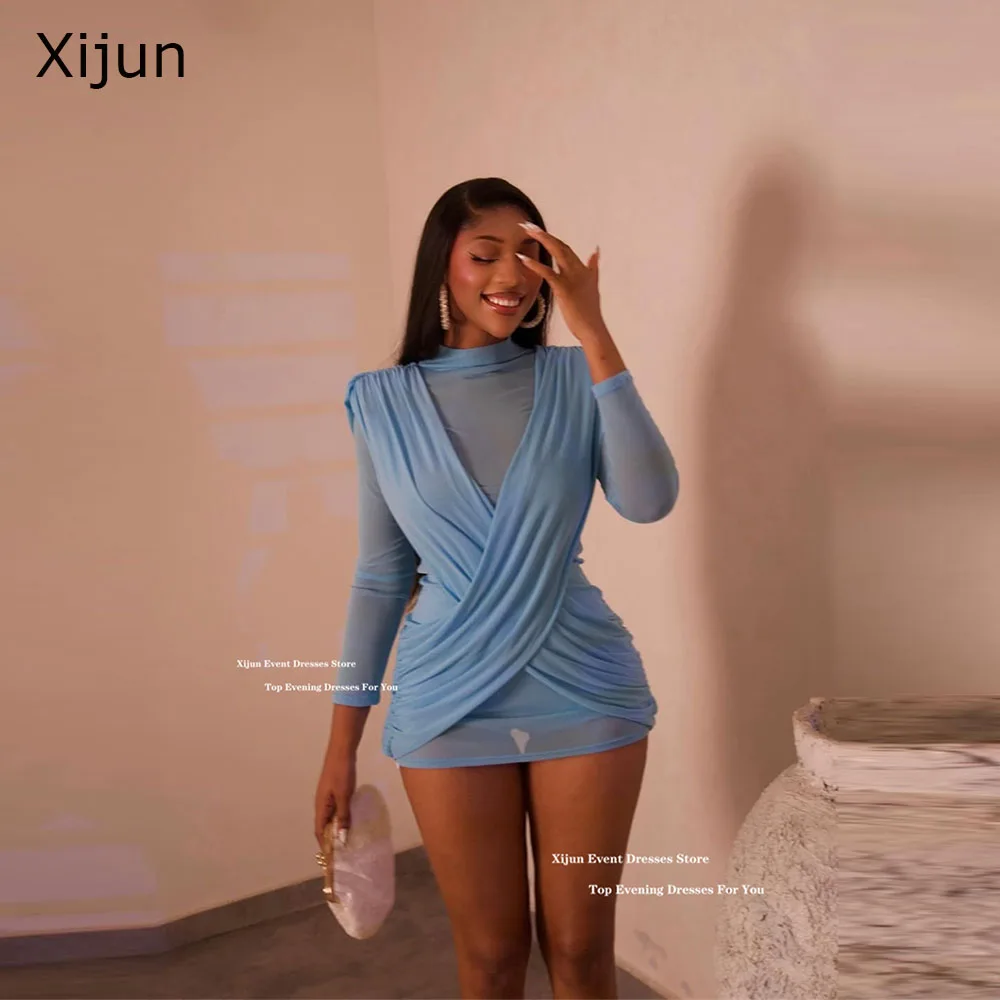 Xijun Sexy Blue Mini Evening Dresses Elastic Long Sleeves Cocktail Dresses Pleated Birthday Party Club Prom DressesCustomized