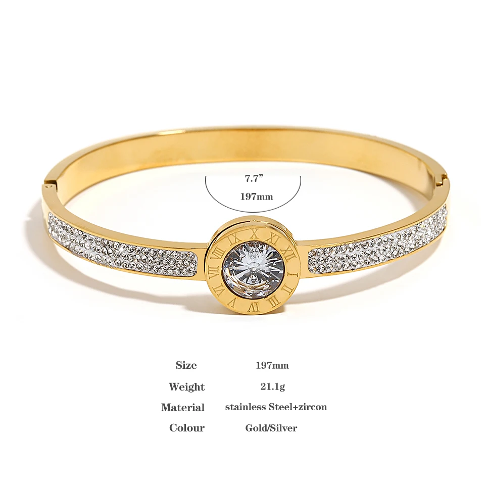 الفاخرة كامل حجر الراين الأرقام الرومانية تكويم الكفة الأساور الفولاذ المقاوم للصدأ الإسورة أساور للنساء مجوهرات مقاومة للماء #6