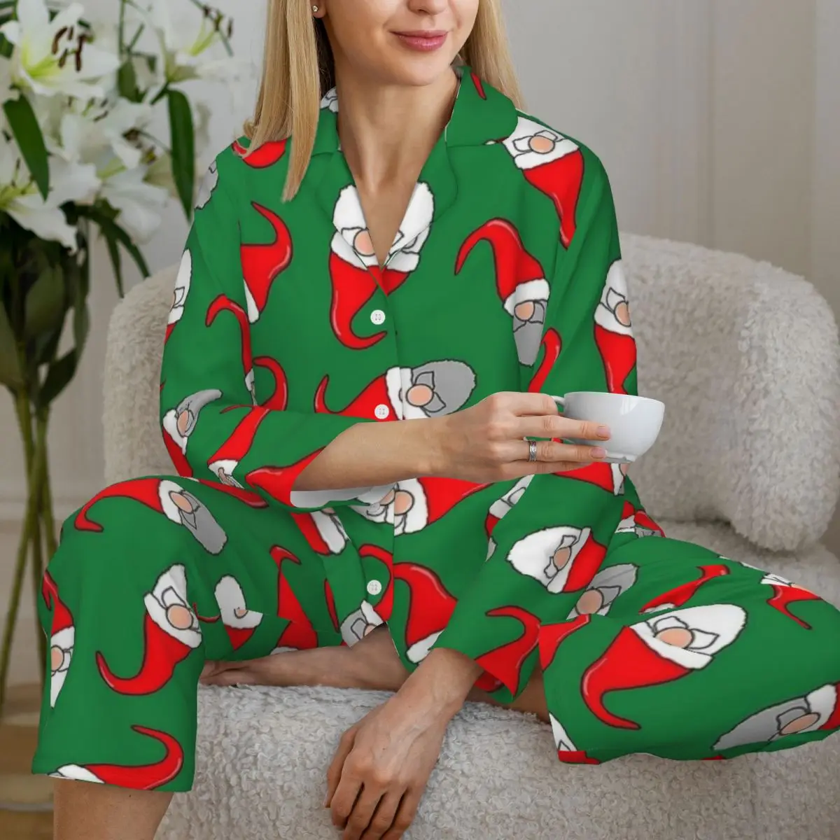 Swedish Christmas Gnomes Pajamas Set Autumn Cute Sleep Sleepwear Womens 2 Pieces Vintage Oversize Custom Nightwear Gift