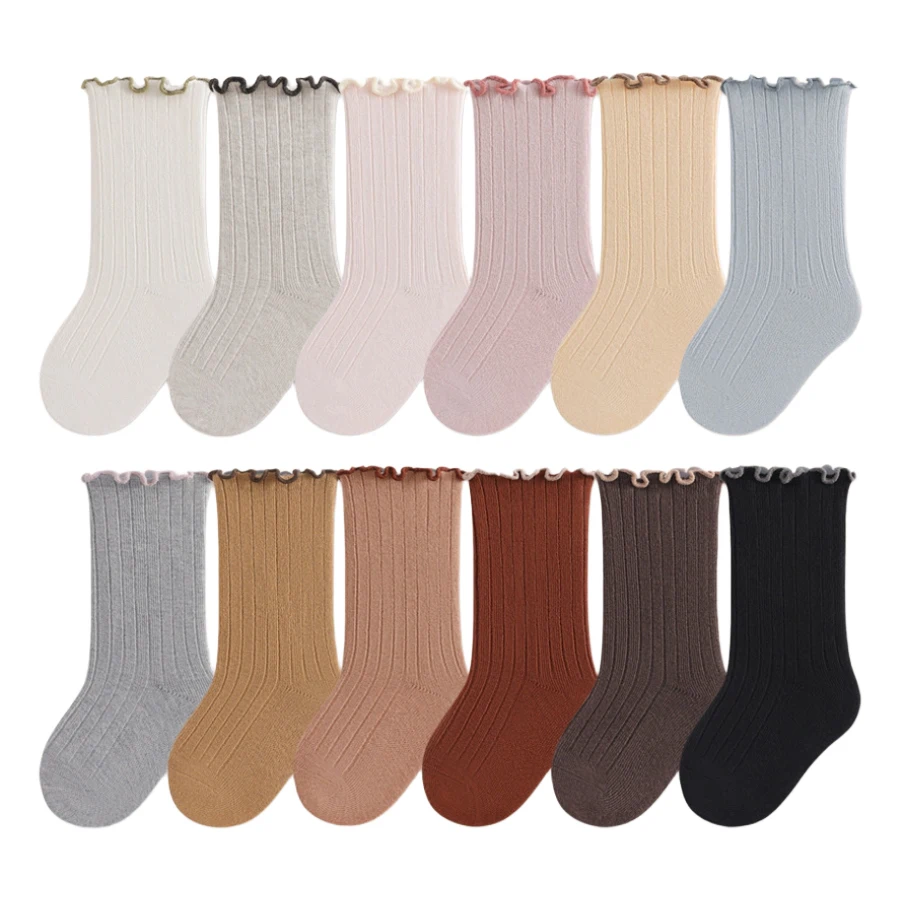 4Pairs Toddlers Girls Frilly Socks Soft Cotton Baby Loose Sock Ribbed Children Midded Tube Socks Infant Floor Sock For Kids 0-7Y