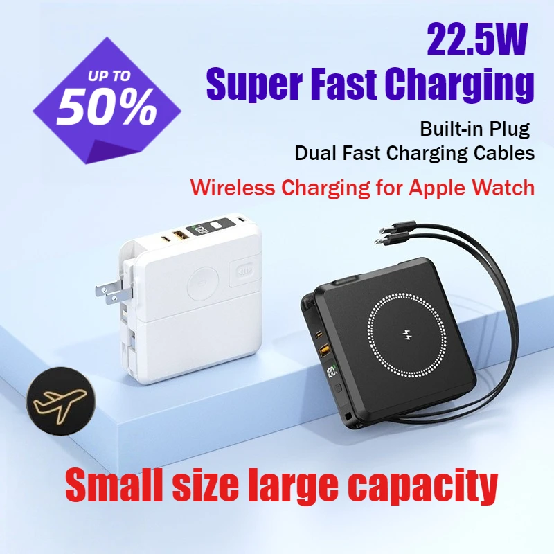 

20000mAh Wireless Power Bank with Built-in Cables AC Plug Fast Charging Portable External Battery for Apple Watch