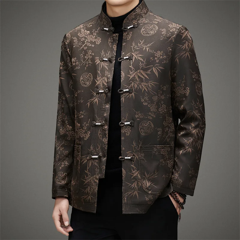 Warm Brocade Chinese Jacket for Men Winter Fleece Traditional Attire with Sophisticated Pattern Festival Gift for Grandpa/Father