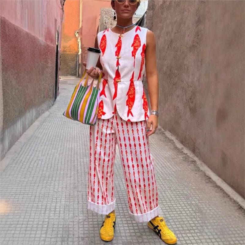 

Cartoon Red Fish Print Trousers Set Women's 2025 New Short Sleeve Shirt High Waist Wide Leg Pants 2-Piece Set