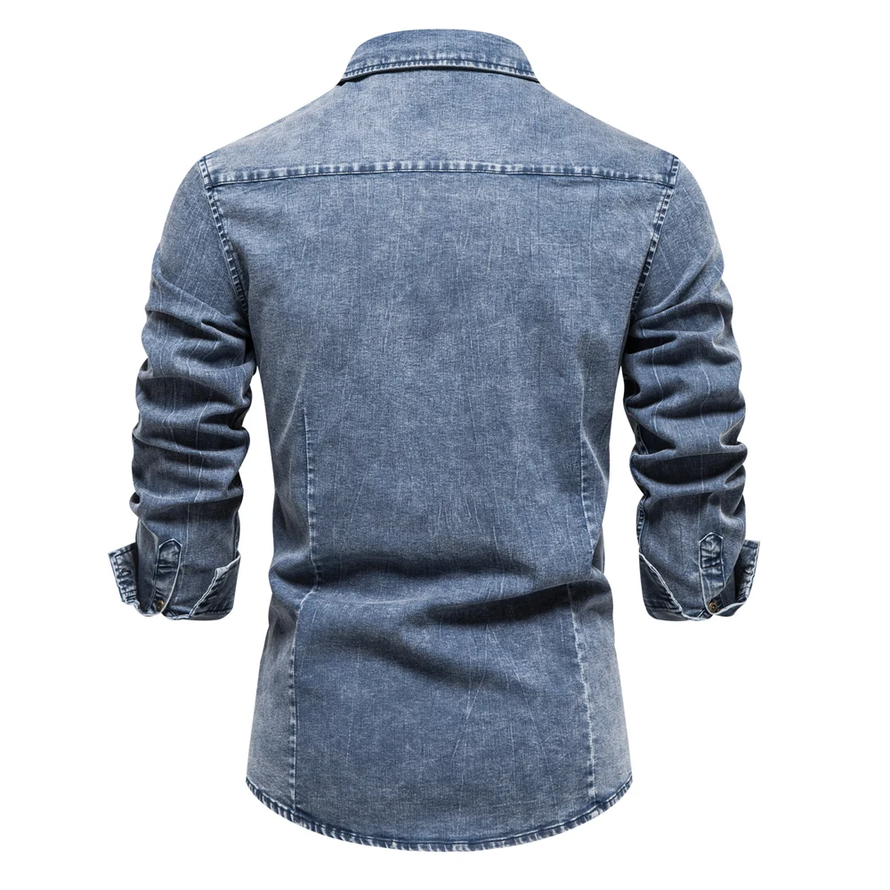 Men Denim Shirt Cotton Solid Color Double Pocket Casual Camisa Hombre Cowboy Shirts High Quality Slim Clothes  Autumn Black Blue