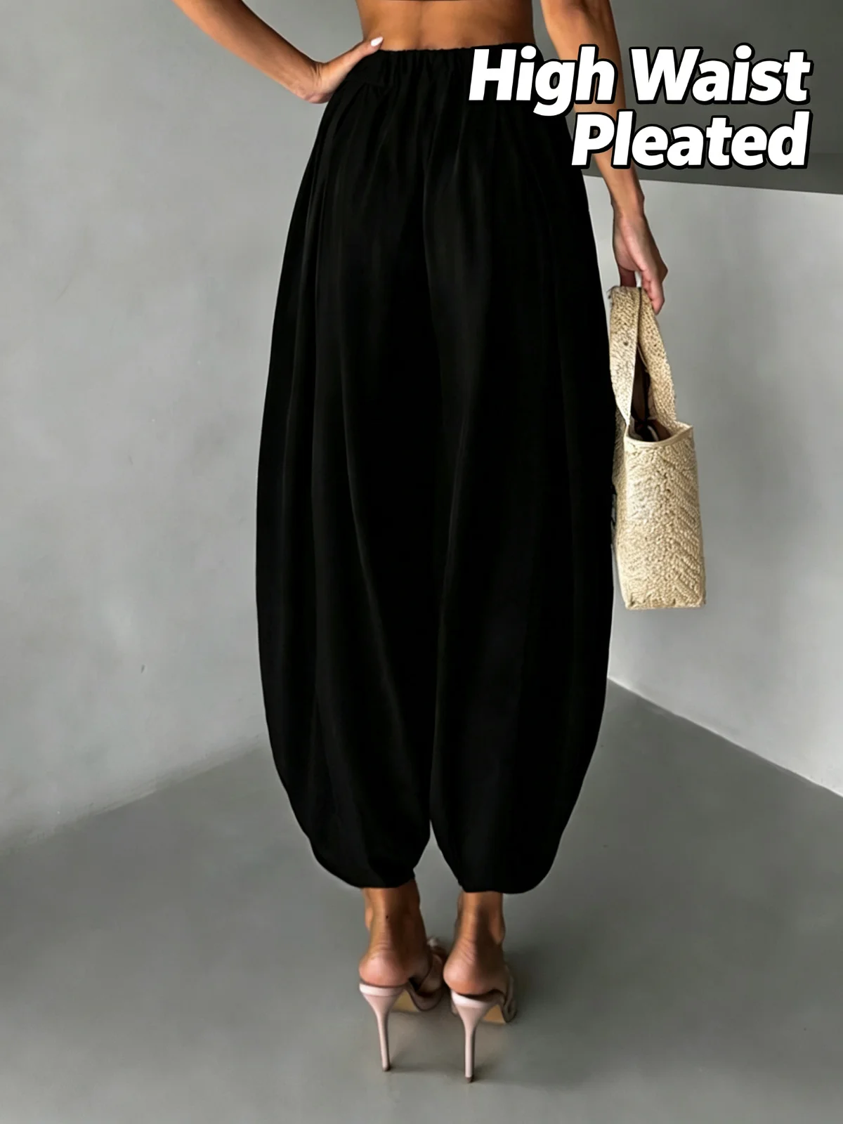 Ice Silk Lantern Pants for Women High Waist Pleated Loose Fit Summer Vintage Harem Pants Casual Elastic Waist Baggy Trousers